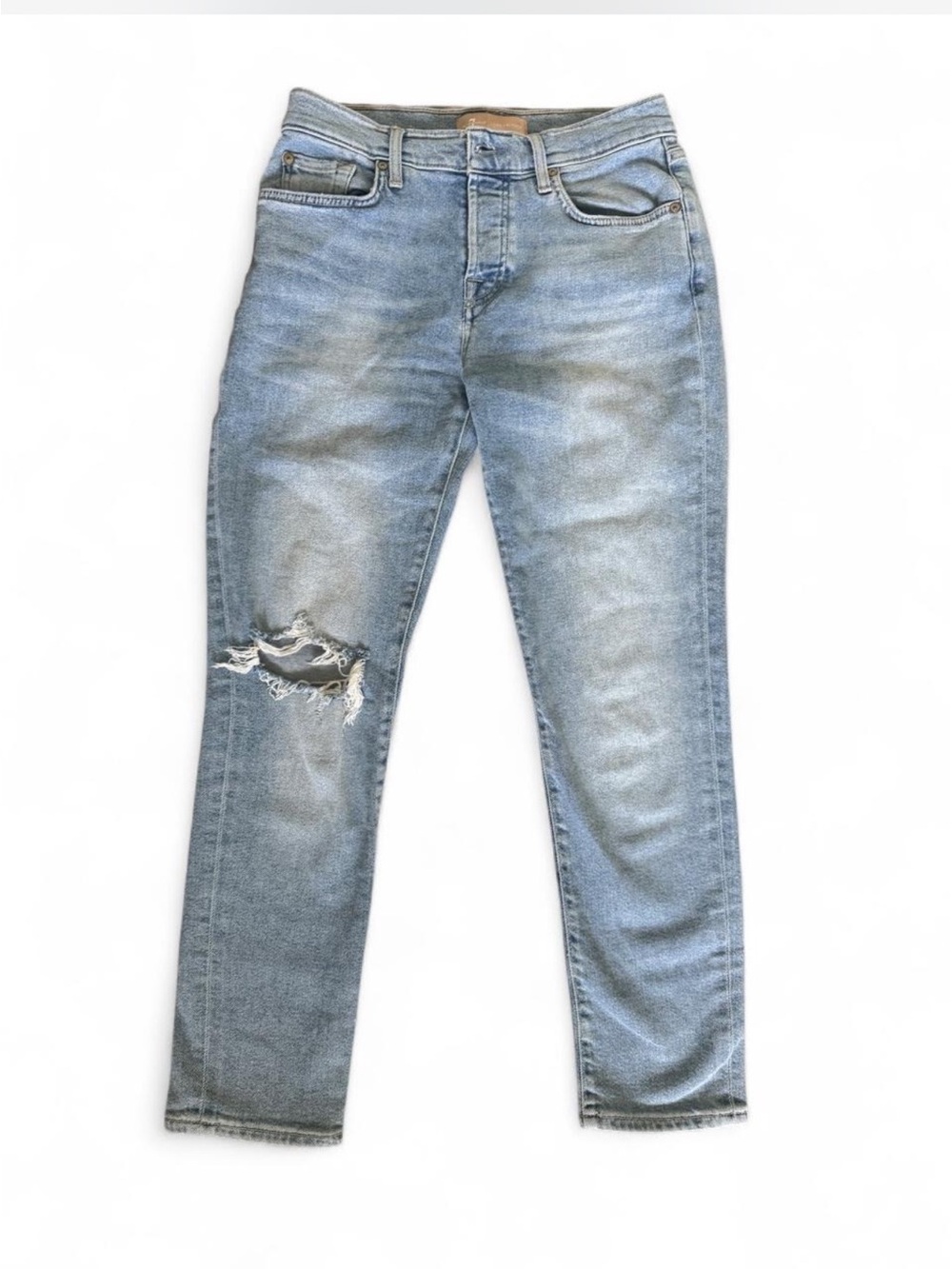 7 For All Mankind Light Blue Boyfriend Jeans with Knee Distress